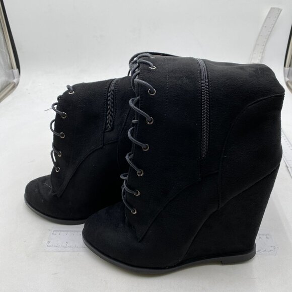 Black Women Round Toe Knee High Boots Sexy Wedge High Heel Lace up Riding Boots - Picture 3 of 7
